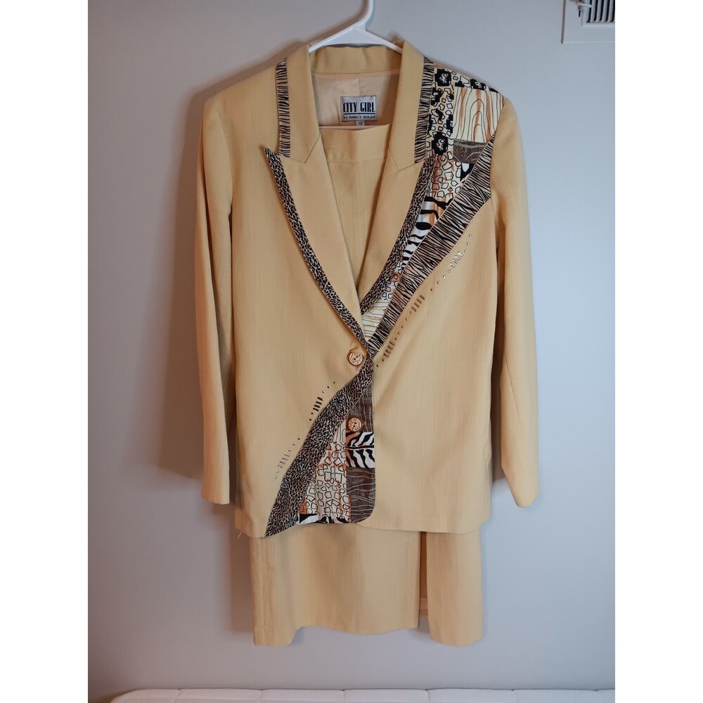 Vintage 80s City Girl By Nancy Bolen Animal Print Skirt Jacket Set Sz 10 Yellow